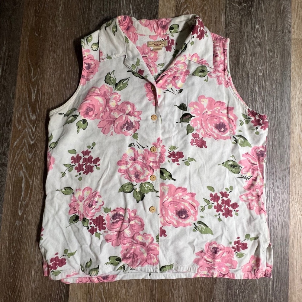 Original Island Sport Sleeveless Top Women XL White‎ Pink Floral Rayon Button Up